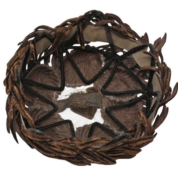 Vintage 50s 60s Brown Velvet Cocktail Hat w Cutout Leaf Shapes on Frame -Hey Viv - Picture 5 of 6